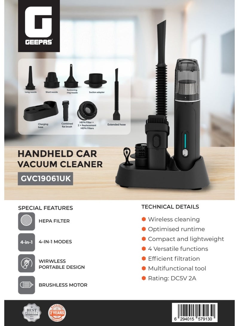 GEEPAS Handheld Car Vacuum Cleaner with HEPA Filter | 4 Versatile Modes Includes Long and Short Nozzles, Swimming Ring Nozzle, Suction Adapter, Charging Base, Combined Flat Brush and Extended Hose| Perfect for Cars, Furniture, Office Desks, Small Corners |  2 Years Warranty GVC19061UK Black - Image 3